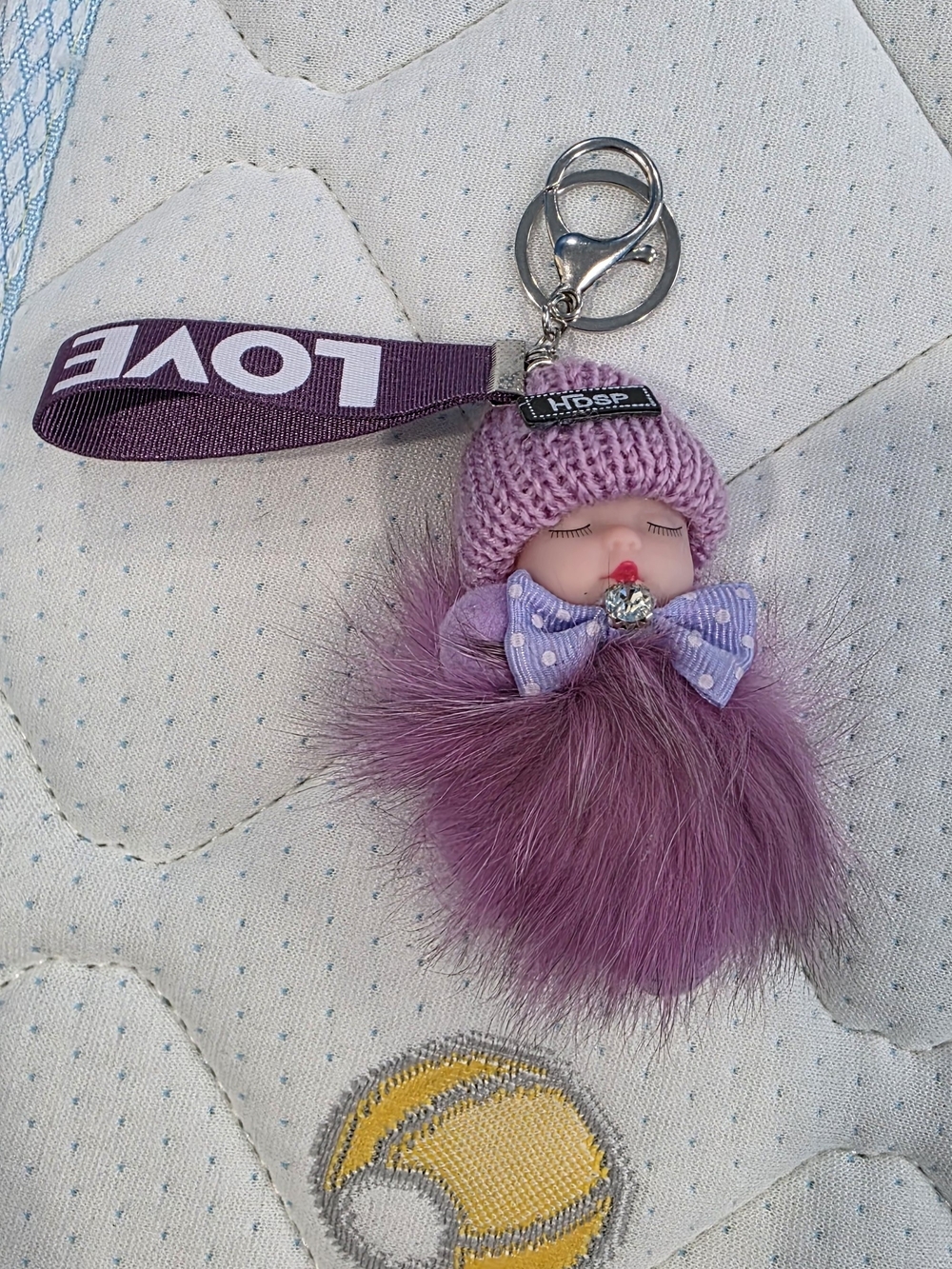 Purple Pom Doll Keychain with Love Strap